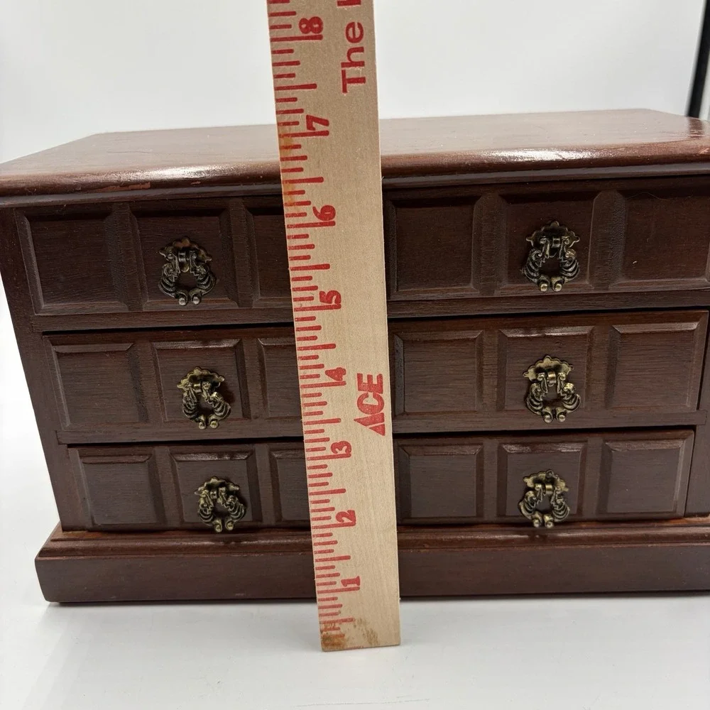 Vtg Brown Wood Rectangle Jewelry Box Organizer w/ Drawers Music Box‎ MCM Cottage